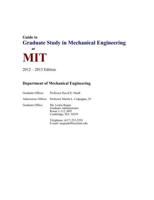 Guide To Graduate Study In Mechanical Engineering - MIT