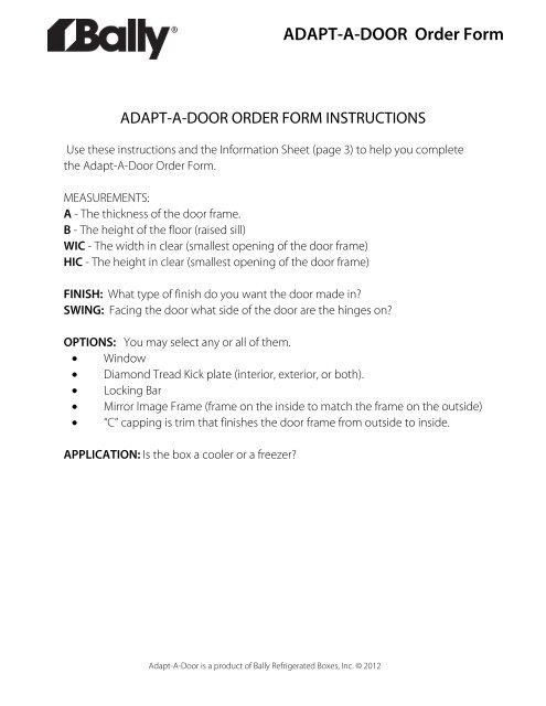 Adapt A Door Order Form Bally Refrigerated Boxes Inc