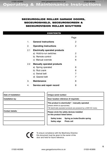 Operating & Maintenance Instructions - Garage Doors