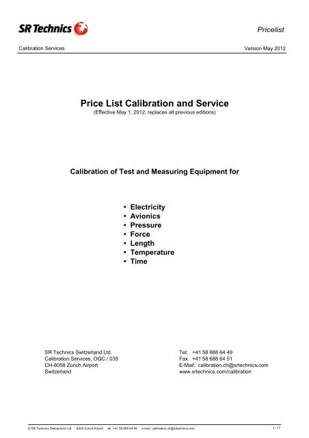 Price List Calibration and Service - SR Technics