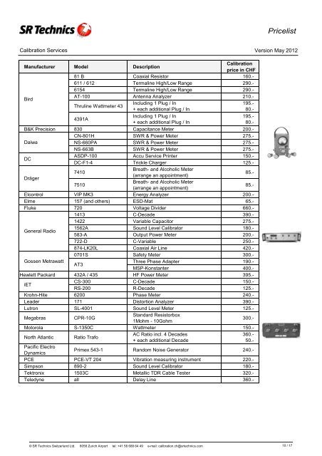 Price List Calibration and Service - SR Technics