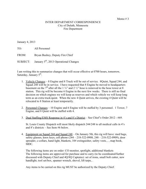 Memo # 3 INTER DEPARTMENT ... - City of Duluth