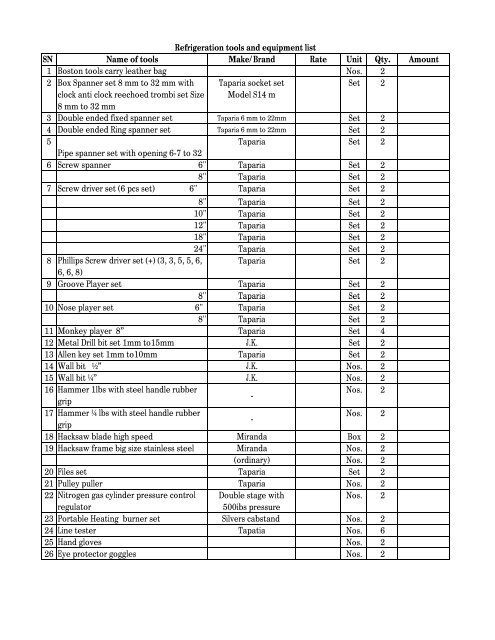 Refrigeration tools and equipment list