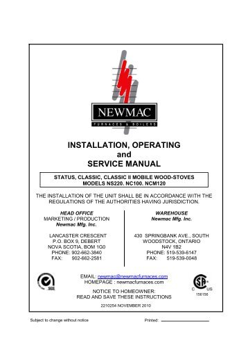 INSTALLATION, OPERATING and SERVICE MANUAL - Newmac ...