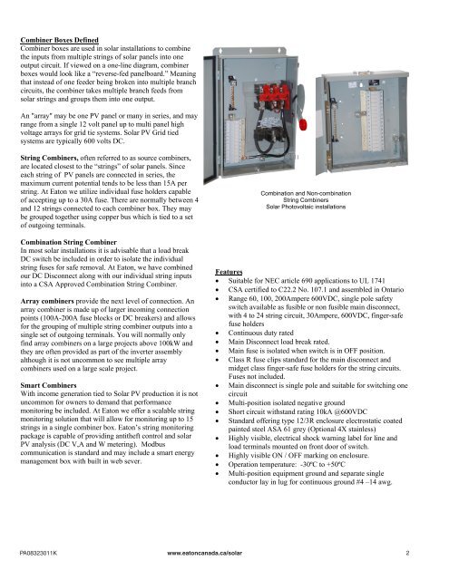 Combiner Boxes for Solar Photovoltaic Installations - Eaton Canada