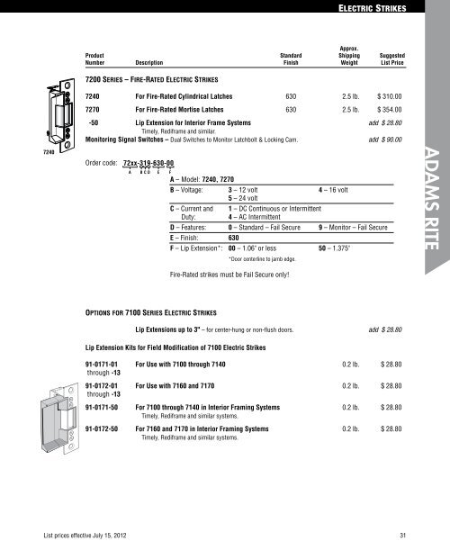 Price List Updates: July 15 th 2012 - Adams RITE Manufacturing Co.