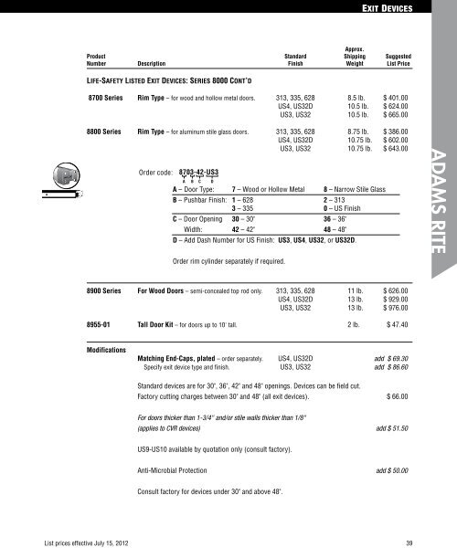 Price List Updates: July 15 th 2012 - Adams RITE Manufacturing Co.