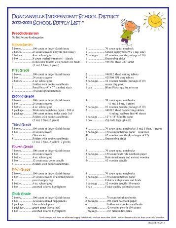 2012-2013 SCHOOL SUPPLY LIST * - Duncanville ISD