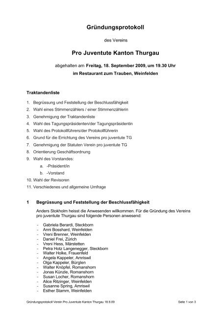 Gründungsprotokoll Pro Juventute Kanton Thurgau