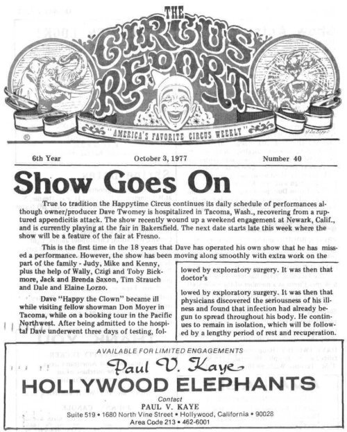 Circus Report, October 3, 1977, Vol. 6, No. 40