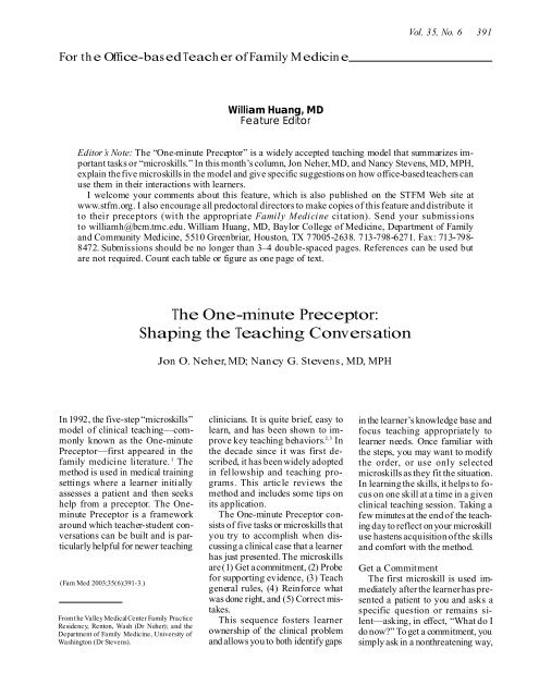 The One-minute Preceptor: Shaping the Teaching ... - STFM