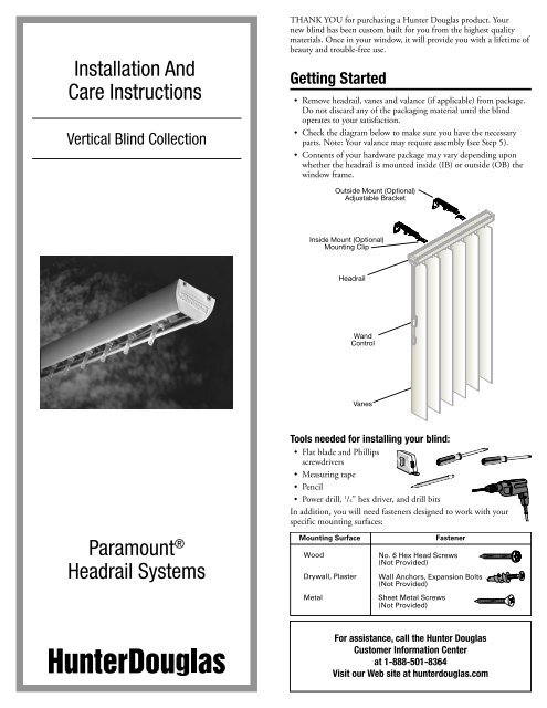 Installation And Care Instructions Paramount  - Hunter Douglas