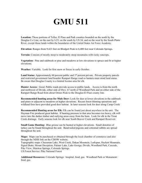 GMU 511 - Colorado Division of Wildlife - Colorado.gov