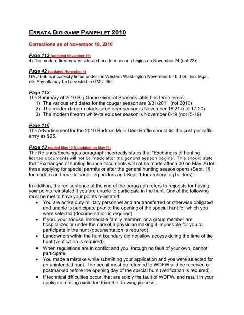 Washington's 2010 Big Game Hunting Seasons & Regulations