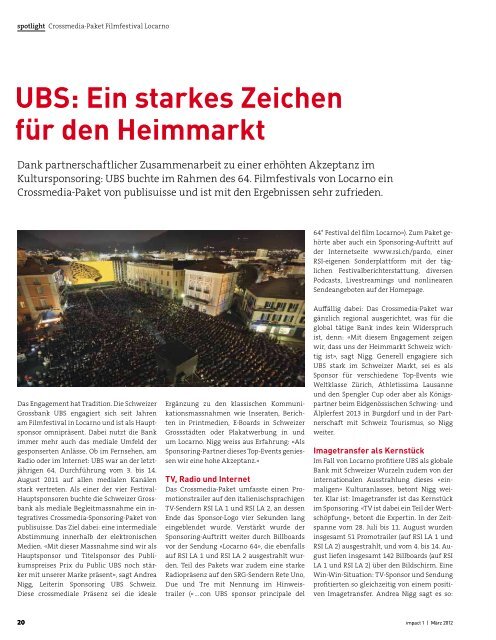 UBS: Ein starkes Zeichen für den Heimmarkt - Publisuisse SA