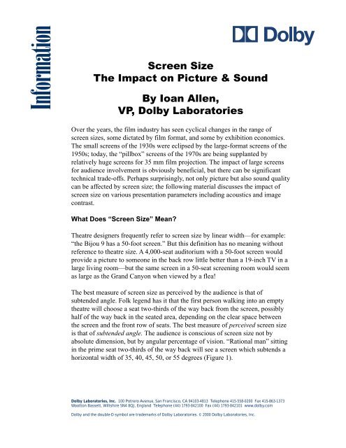 Screen Sizes Impact on Picture and Sound - Dolby Laboratories Inc.
