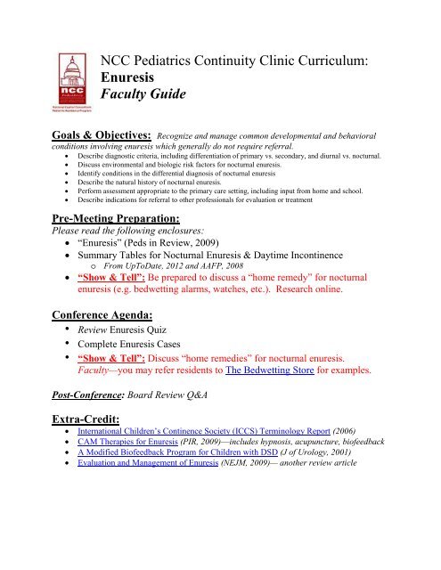 NCC Pediatrics Continuity Clinic Curriculum: Enuresis Faculty Guide