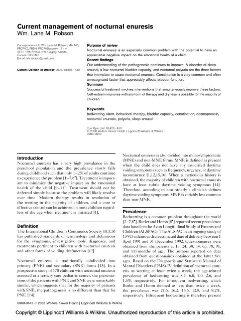 Current Management Of Nocturnal Enuresis