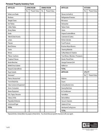 Personal Property Inventory Form - Ohio Insurance Institute