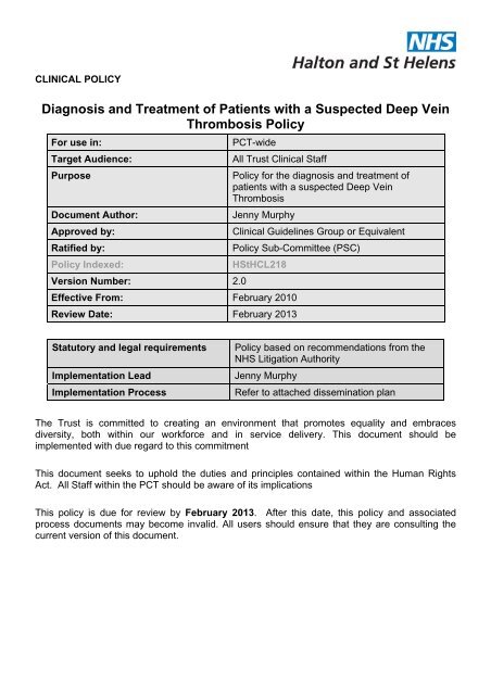 Diagnosis and Treatment of Suspected Deep Vein Thrombosis