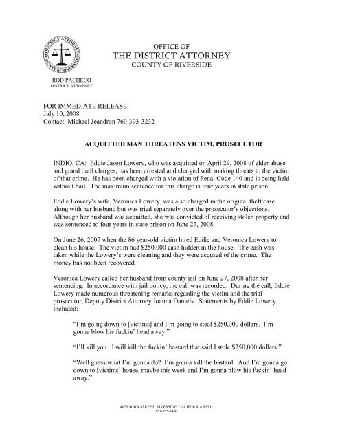 07 10 08 - Eddie Jason Lowery - Riverside County District Attorney