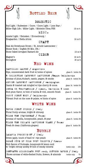 The Gin Mill lounge cocktail menu