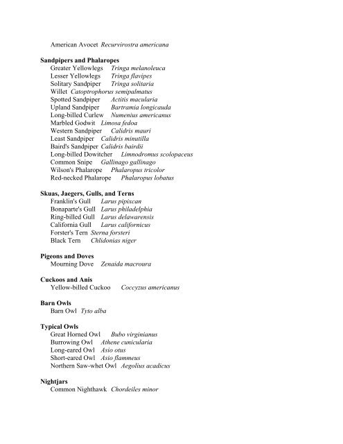 Taxonomic List of Birds at Arapaho NWR