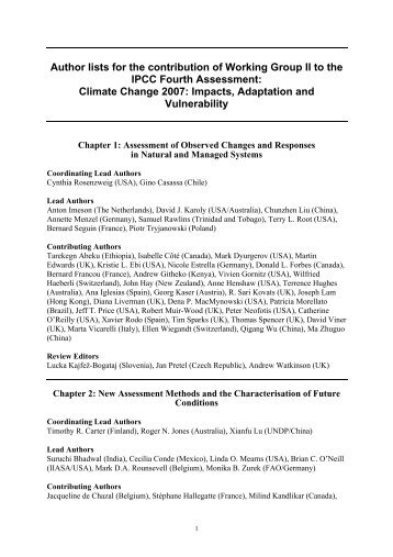 Author lists for the contribution of Working Group II to the - IPCC