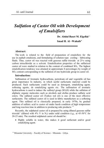 Sulfation of Castor Oil with Development of Emulsifiers