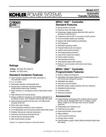 Automatic Transfer Switches Model KCT Ratings Standard ...