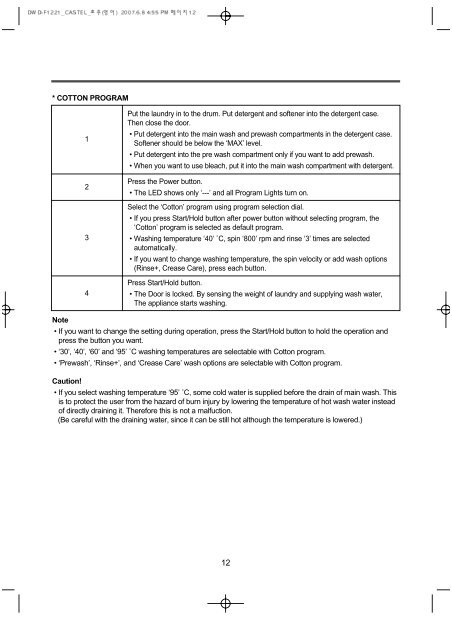 Washing Machine Instruction Manual DWD-F1221 - Castel Daewoo