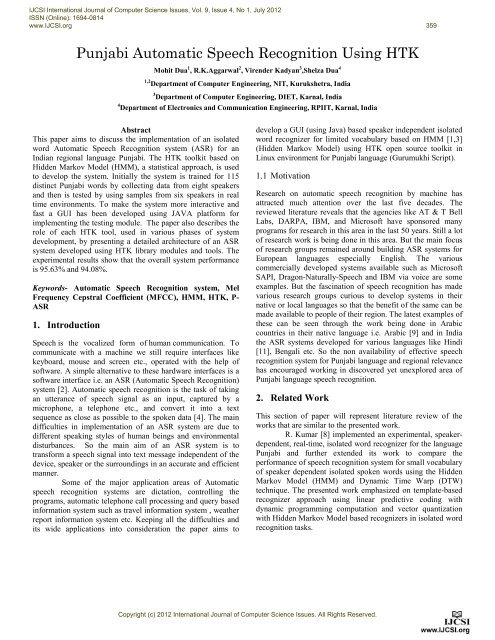 Punjabi Automatic Speech Recognition Using HTK - IJCSI
