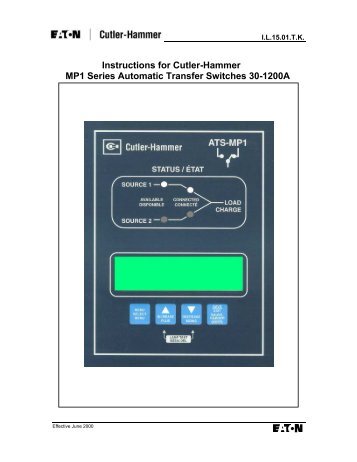 Instructions for Cutler-Hammer MP1 Series Automatic Transfer ...