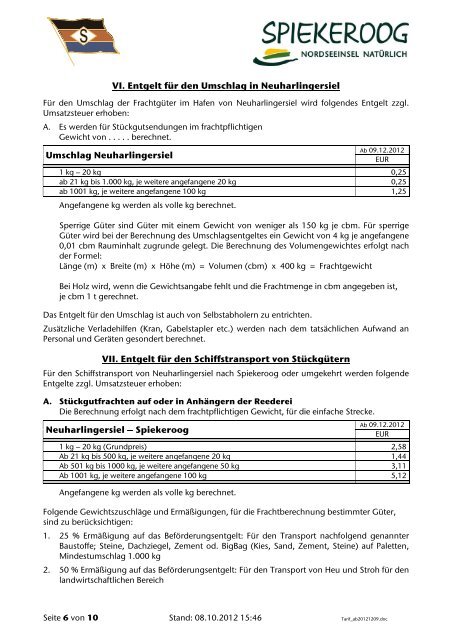 Tarif - Spiekeroog