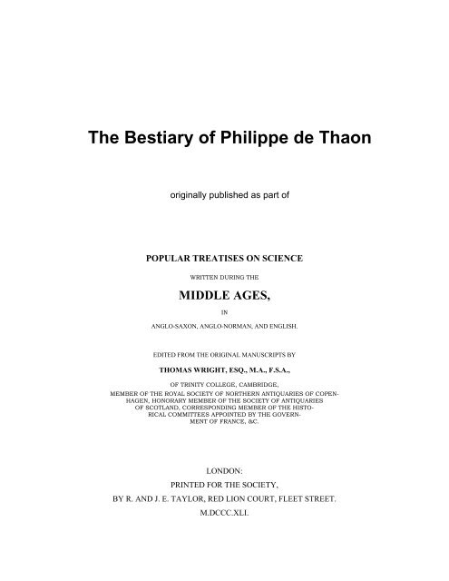 The Bestiary of Philippe de Thaon - The Medieval Bestiary