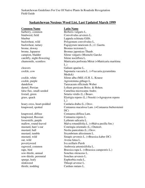 Saskatchewan Guidelines For Use Of Native Plants In Roadside ...