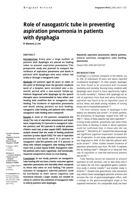 Role of nasogastric tube in preventing aspiration pneumonia in