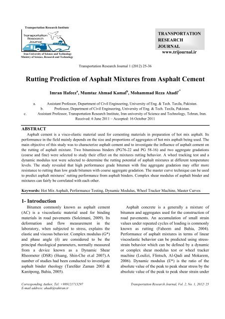 Rutting Prediction of Asphalt Mixtures from Asphalt Cement