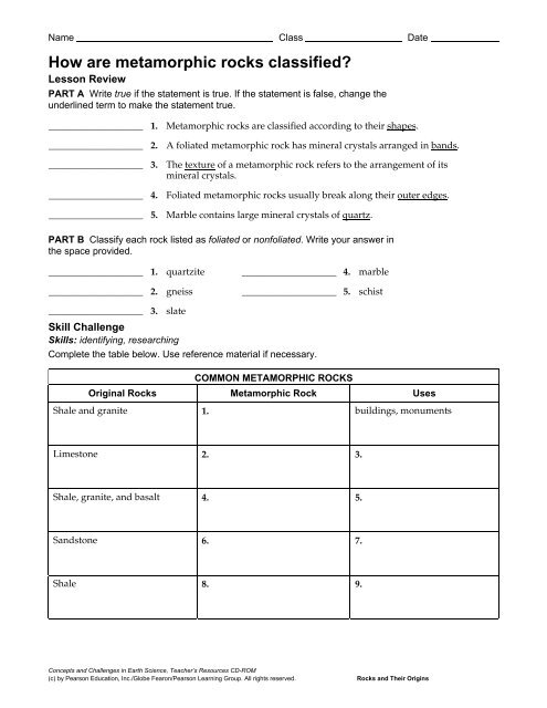 How are Metamorphic Rocks Classified? Worksheet