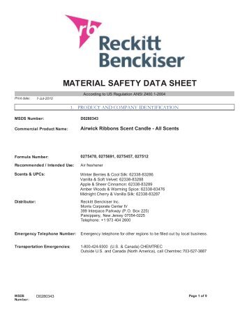 material safety data sheet - Reckitt Benckiser North America Product ...