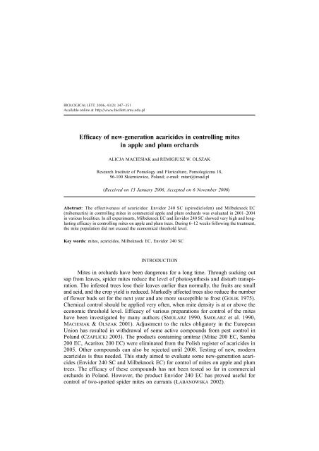 Efficacy of new-generation acaricides in controlling mites in apple ...