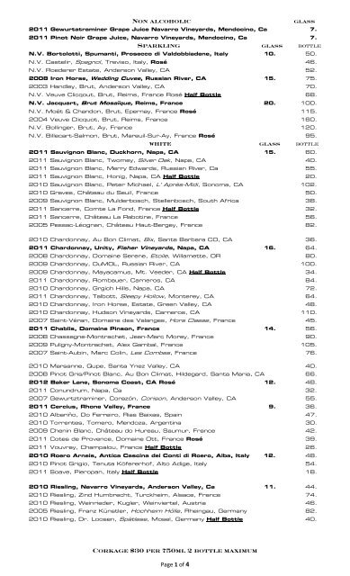 chardonnay wine list