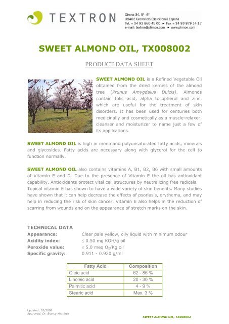 SWEET ALMOND OIL, TX008002 - Brenntag Specialties, Inc.