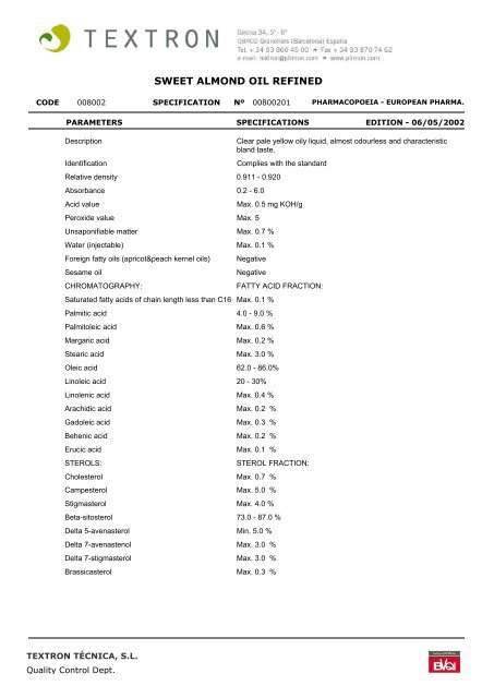 SWEET ALMOND OIL, TX008002 - Brenntag Specialties, Inc.