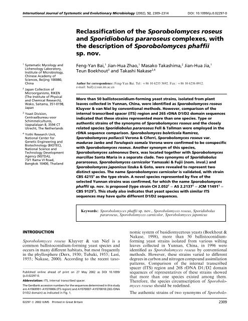 Reclassification of the Sporobolomyces roseus - International ...