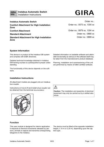 Instabus Automatic Switch Installation Instructions - Download - Gira