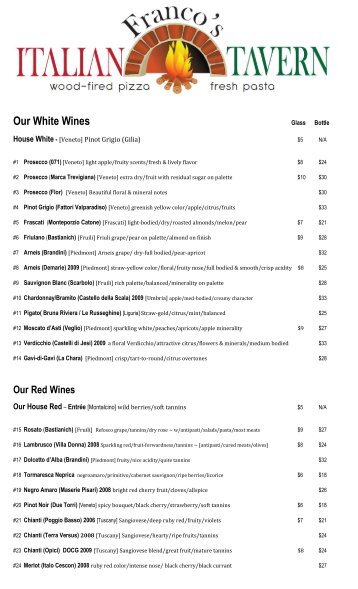 Wine List Menu - Francos Italian Tavern