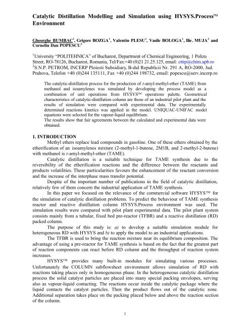 Catalytic Distillation Modelling and Simulation using HYSYS ...