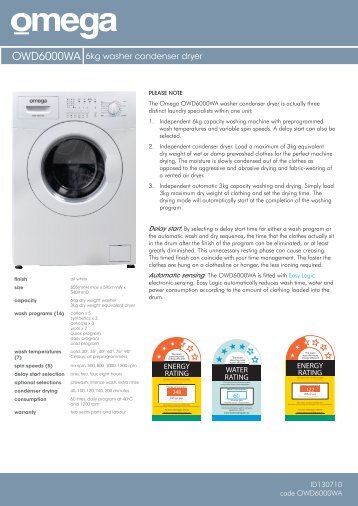 OWD6000WA 6kg washer condenser dryer - Omega