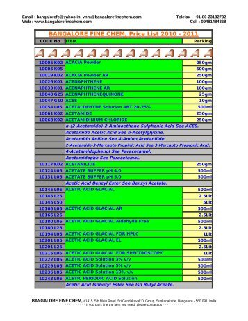 BANGALORE FINE CHEM, Price List 2010 - 2011 - Imimg